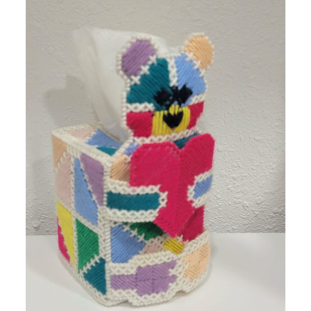 Vintage Handmade Geometric Bear Plastic Canvas Knit Tissue Box Holder Cover